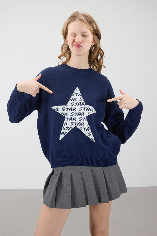 Night-Blue_Crew-Neck-Star-Patterned-Knitwear-Sweater-addax