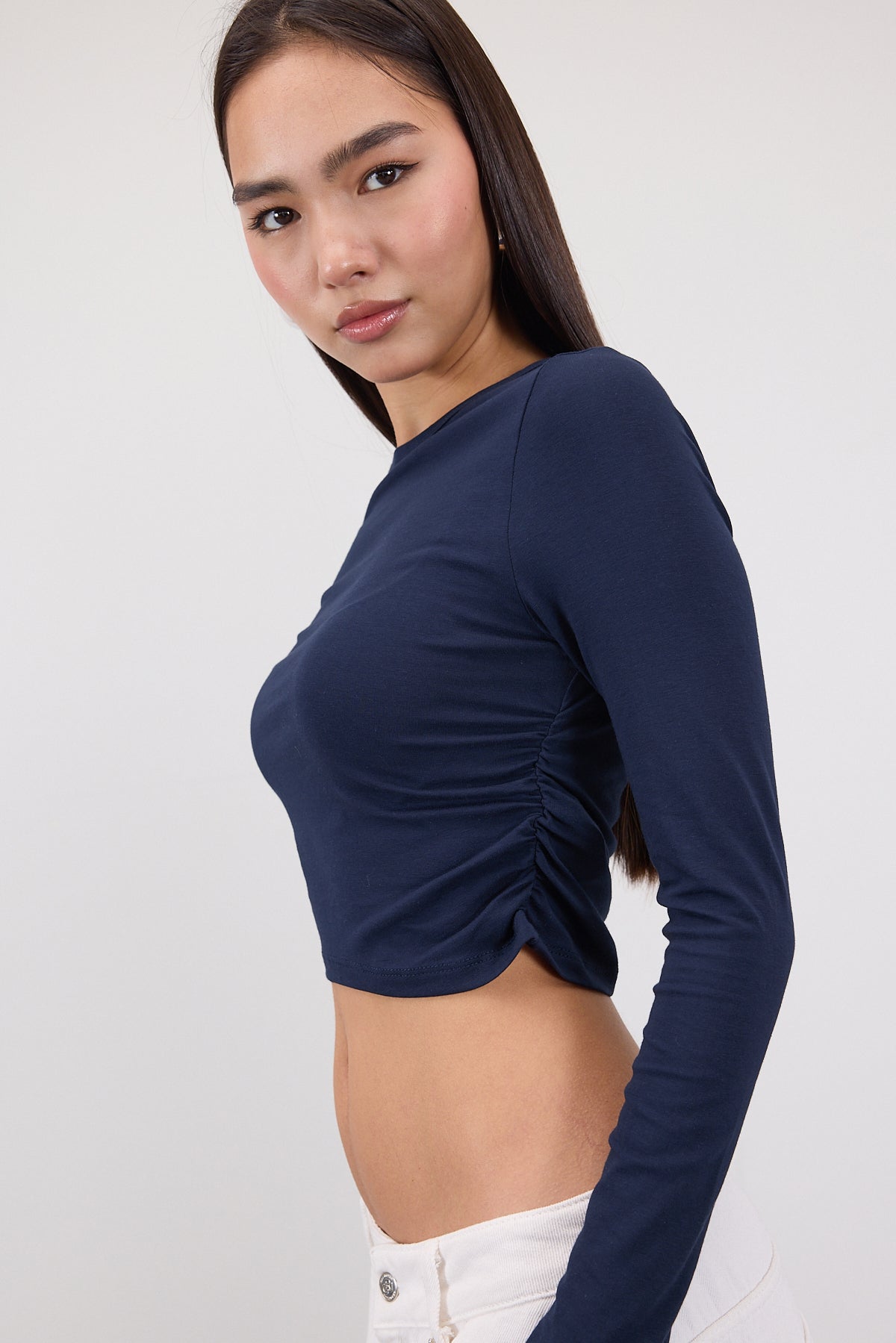 Night-Blue_Crew-Neck-Basic-Blouse-with-Gathered-addax