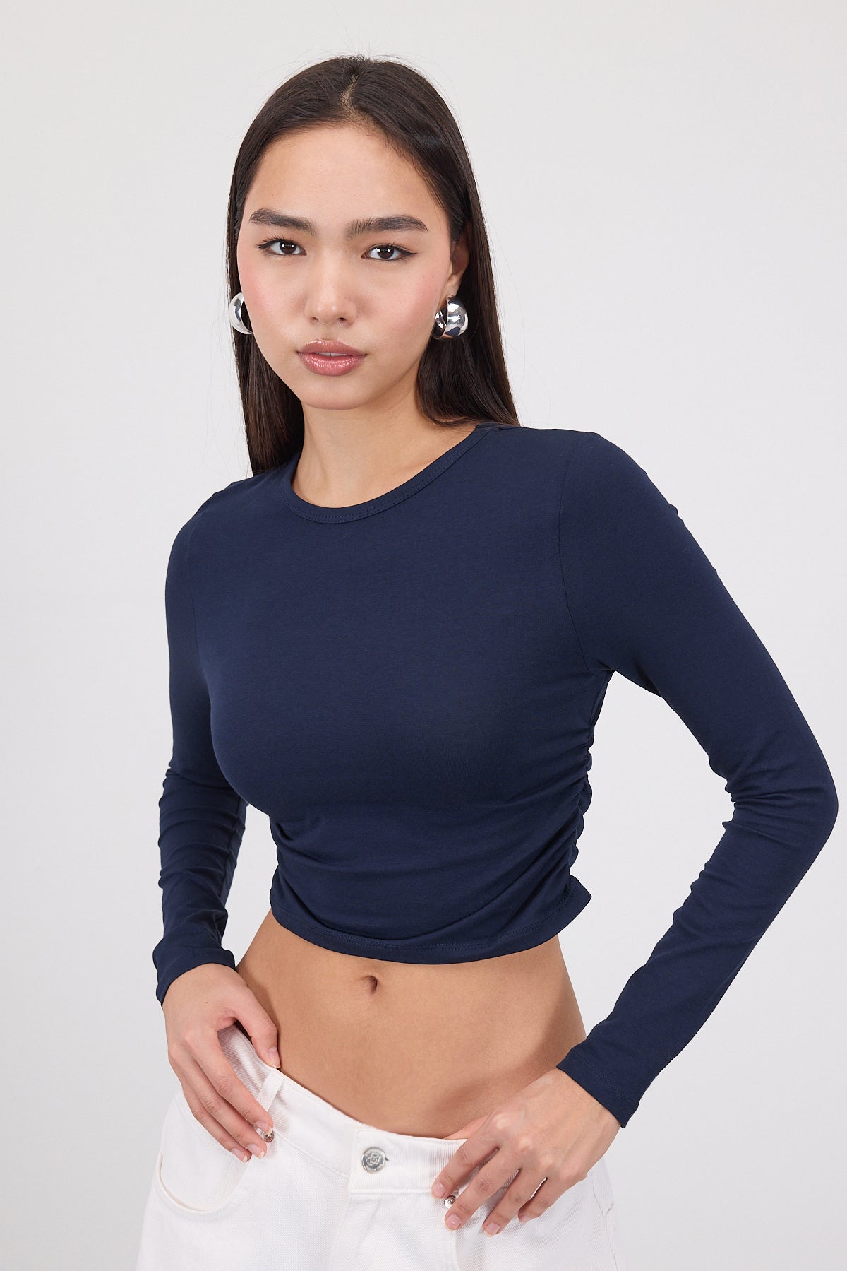 Night-Blue_Crew-Neck-Basic-Blouse-with-Gathered-addax