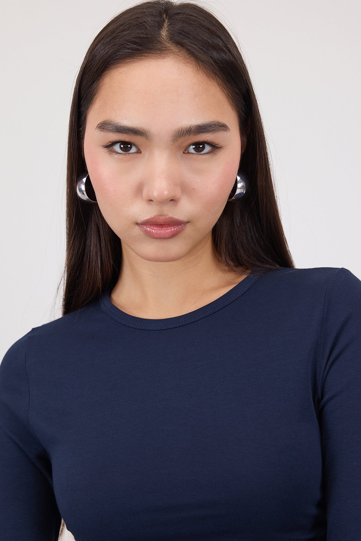 Night-Blue_Crew-Neck-Basic-Blouse-with-Gathered-addax