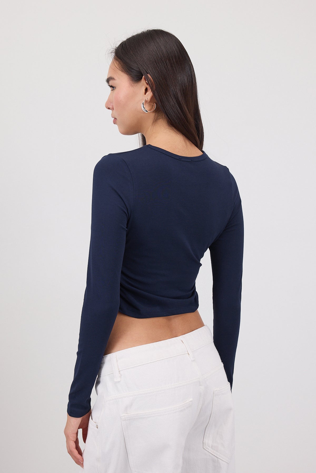 Night-Blue_Crew-Neck-Basic-Blouse-with-Gathered-addax