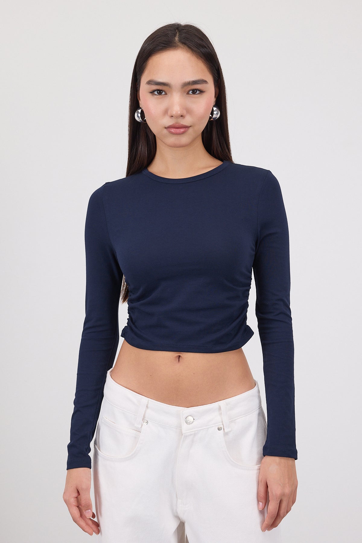 Night-Blue_Crew-Neck-Basic-Blouse-with-Gathered-addax