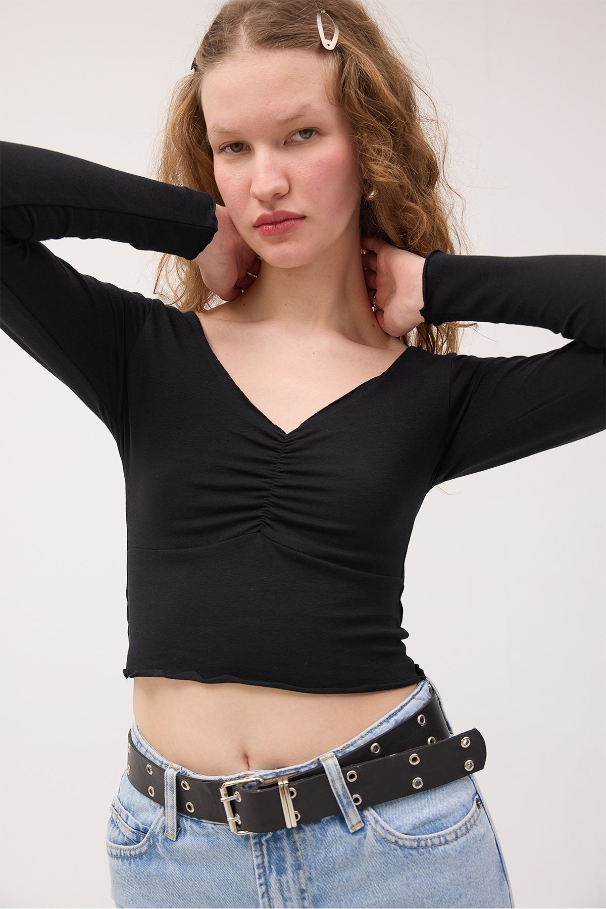 Black_Front-Pleated-Long-Sleeve-Blouse-addax