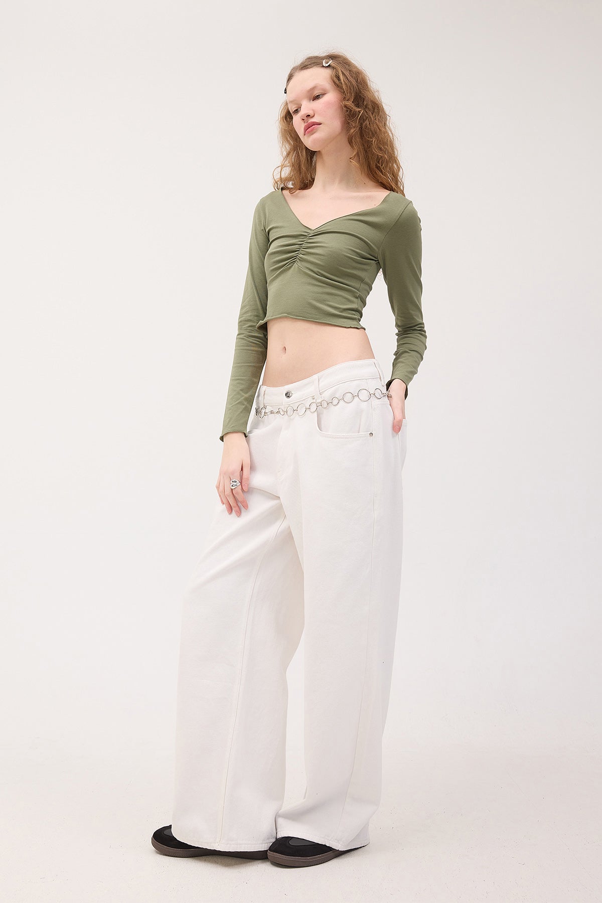 Oil-Green_Front-Pleated-Long-Sleeve-Blouse-addax