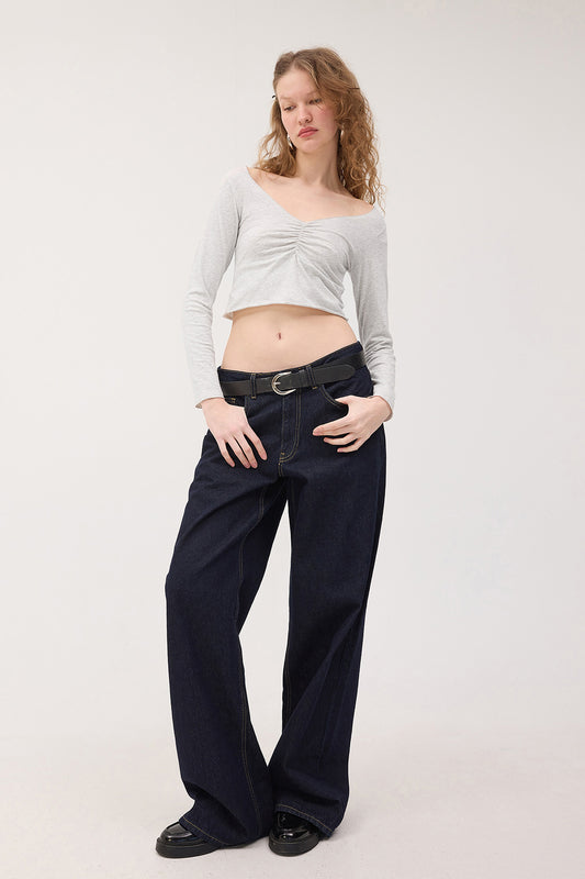 Snow-Melange_Front-Pleated-Long-Sleeve-Blouse-addax