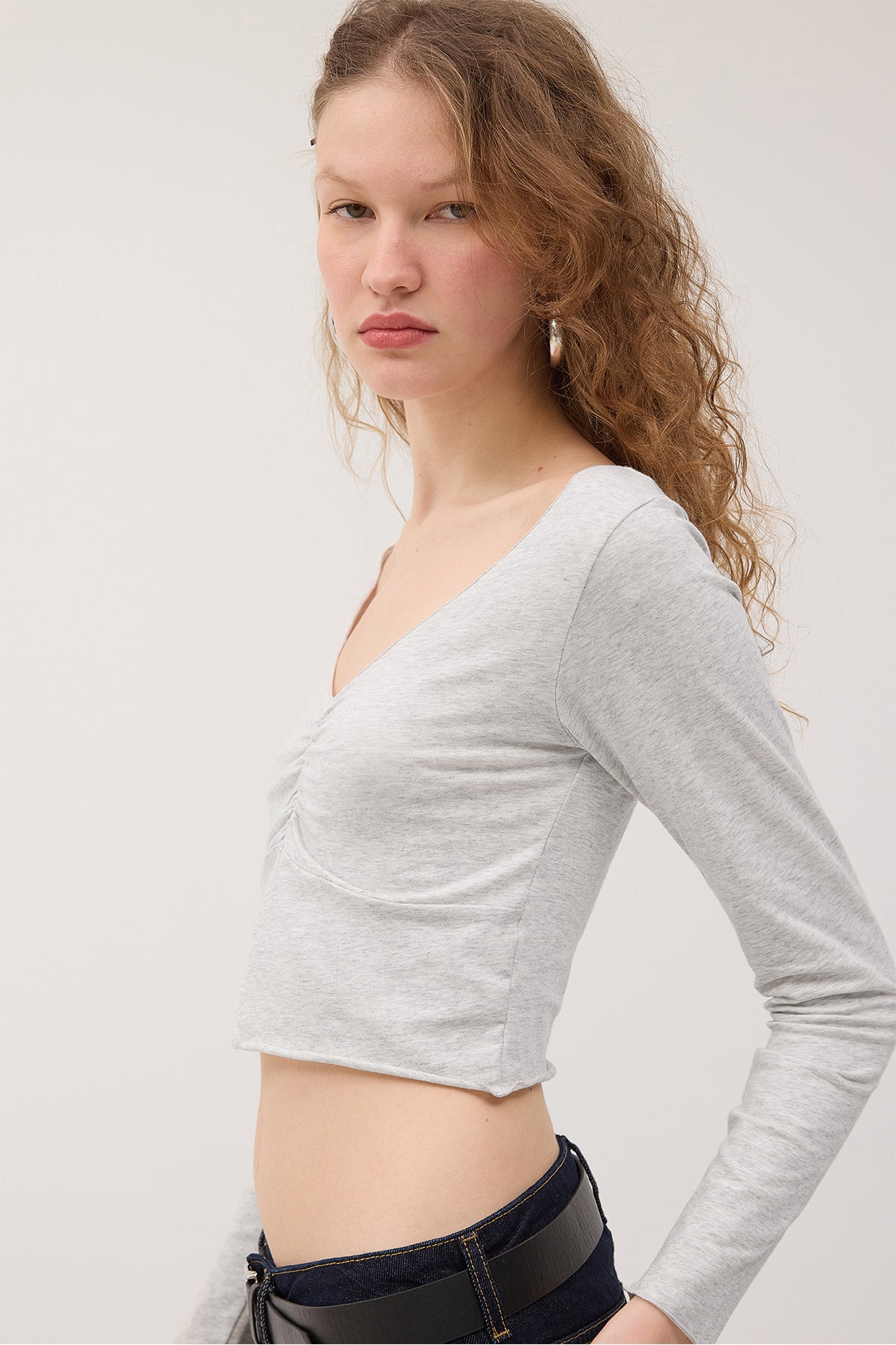 Snow-Melange_Front-Pleated-Long-Sleeve-Blouse-addax