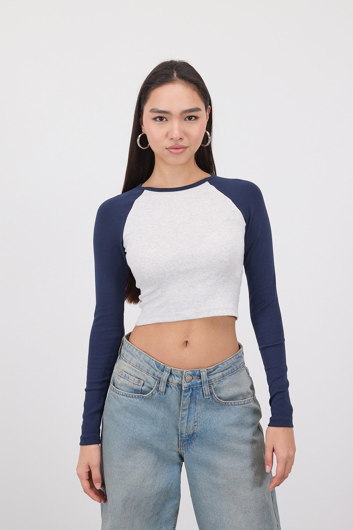 Snow Melange---Navy Blue_Raglan-Long-Sleeve-Crop-Blouse-addax