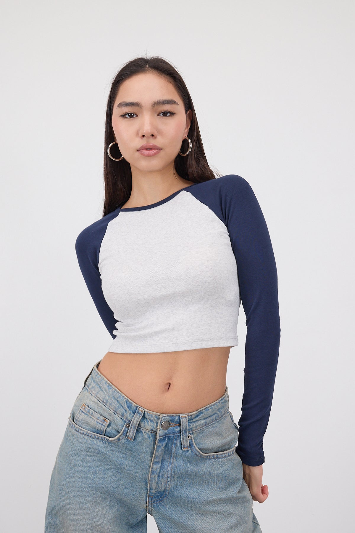 Snow Melange---Navy Blue_Raglan-Long-Sleeve-Crop-Blouse-addax