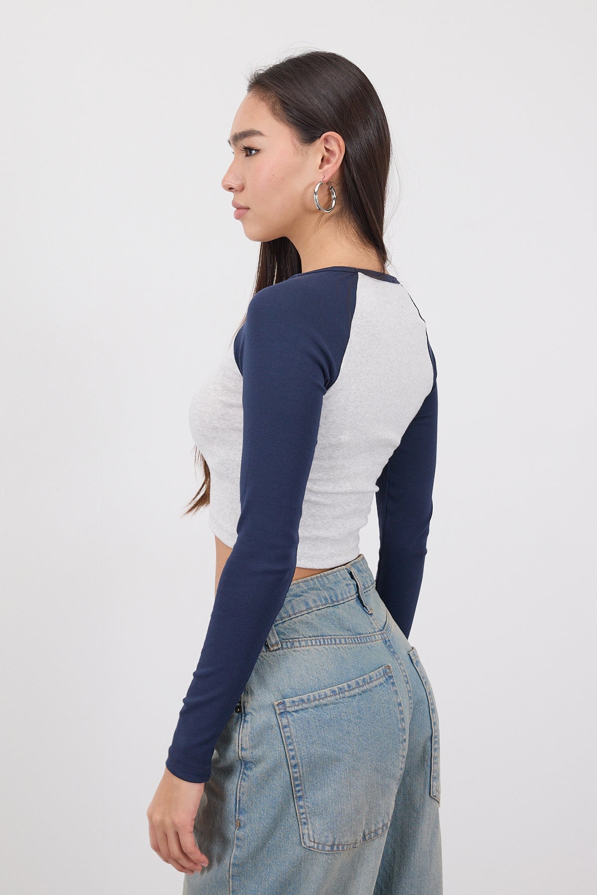 Snow Melange---Navy Blue_Raglan-Long-Sleeve-Crop-Blouse-addax