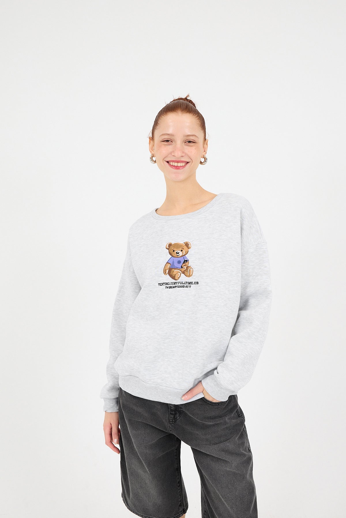 Grey-Melange_Crew-Neck-Bear-Embroidered-Fleece-Sweatshirt-addax