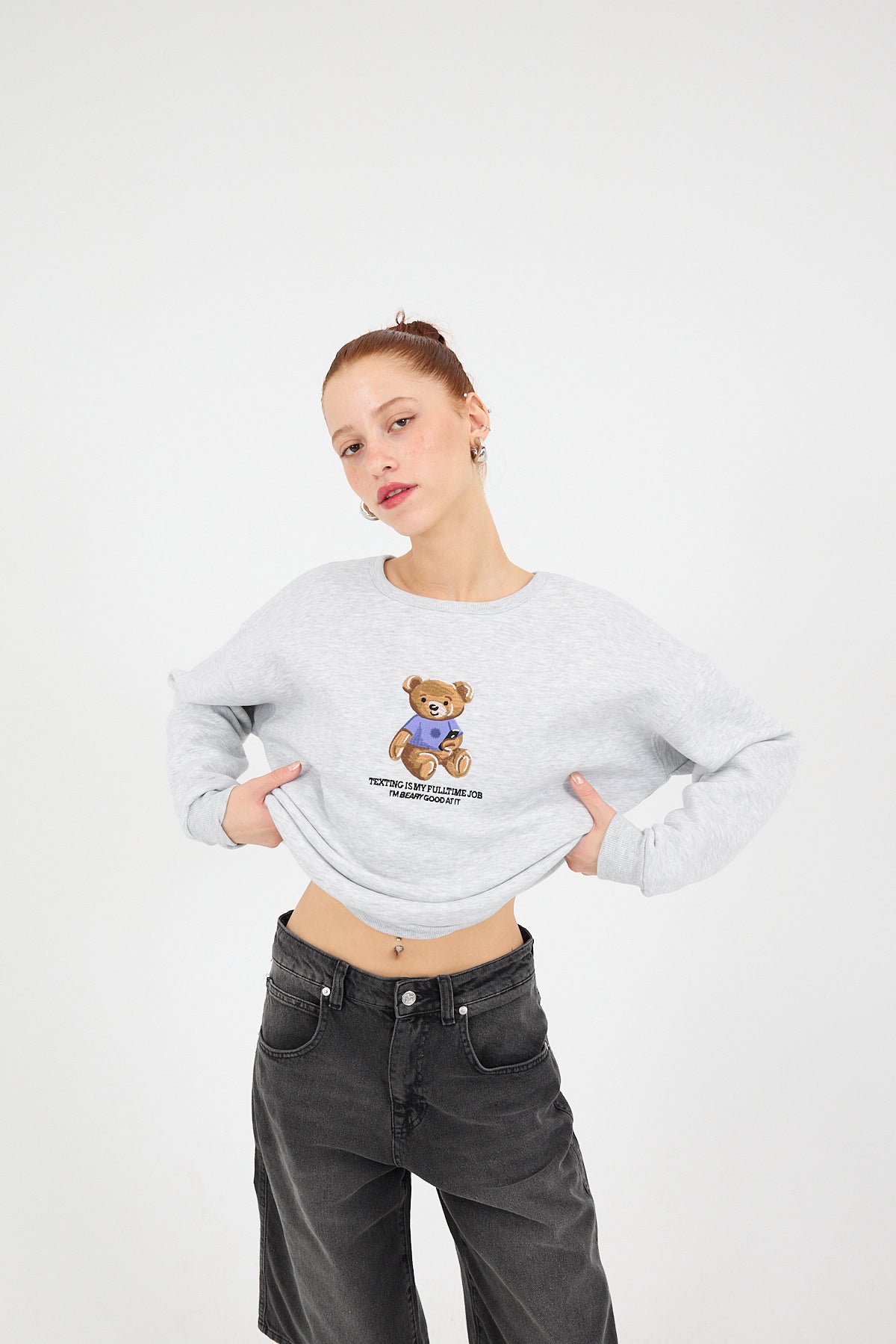Grey-Melange_Crew-Neck-Bear-Embroidered-Fleece-Sweatshirt-addax