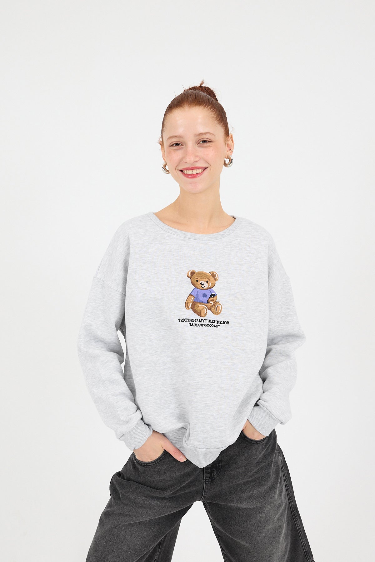 Grey-Melange_Crew-Neck-Bear-Embroidered-Fleece-Sweatshirt-addax