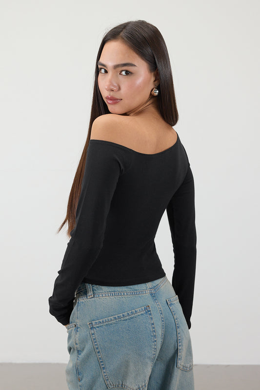 Black_Asymmetrical-Collar-Long-Sleeve-Blouse-addax