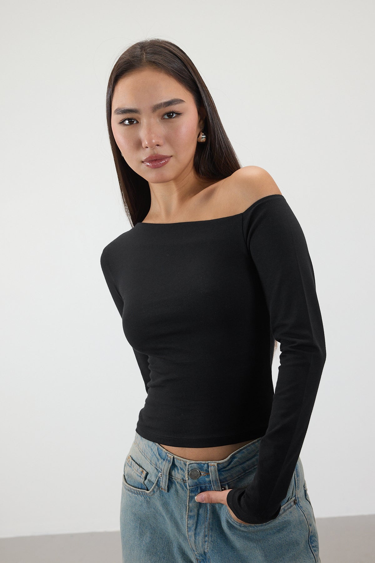 Black_Asymmetrical-Collar-Long-Sleeve-Blouse-addax