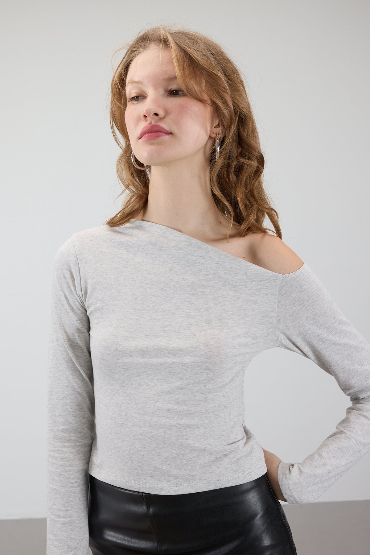 Snow-Melange_Asymmetrical-Collar-Long-Sleeve-Blouse-addax