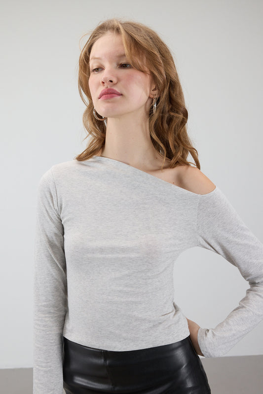 Snow-Melange_Asymmetrical-Collar-Long-Sleeve-Blouse-addax