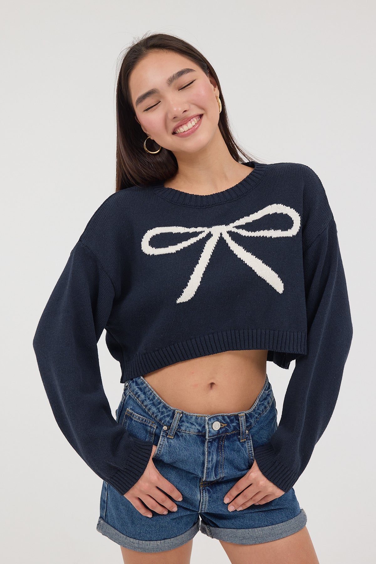 Night-Blue_Crew-Neck-Bow-Patterned-Crop-Knitwear-Sweater-addax