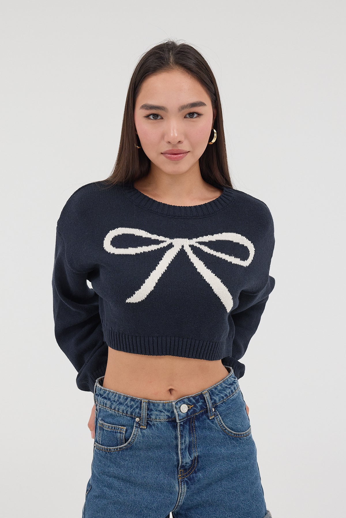 Night-Blue_Crew-Neck-Bow-Patterned-Crop-Knitwear-Sweater-addax