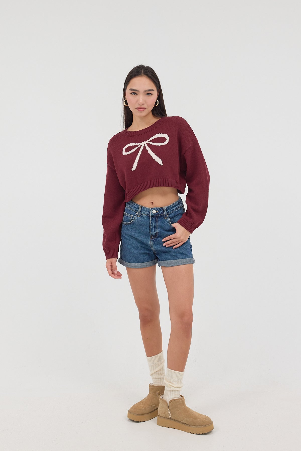 Light-Burgundy_Crew-Neck-Bow-Patterned-Crop-Knitwear-Sweater-addax