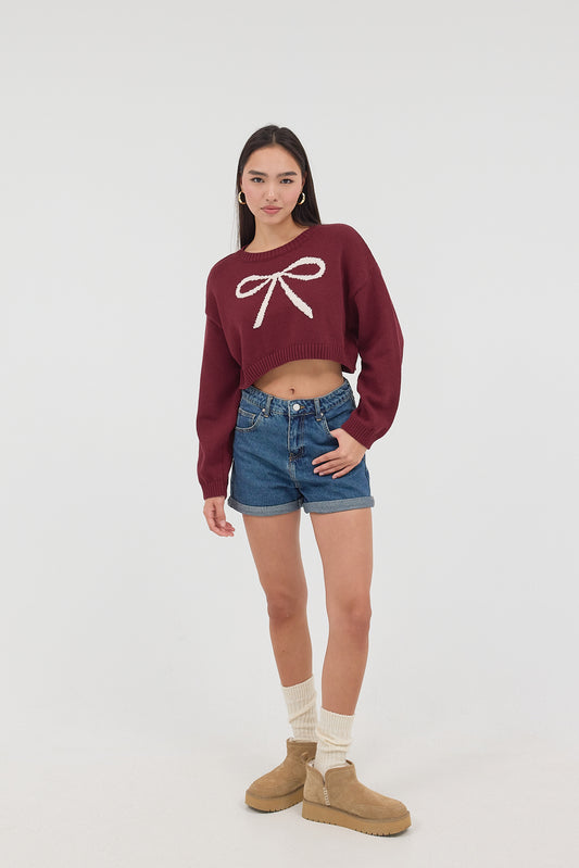 Light-Burgundy_Crew-Neck-Bow-Patterned-Crop-Knitwear-Sweater-addax