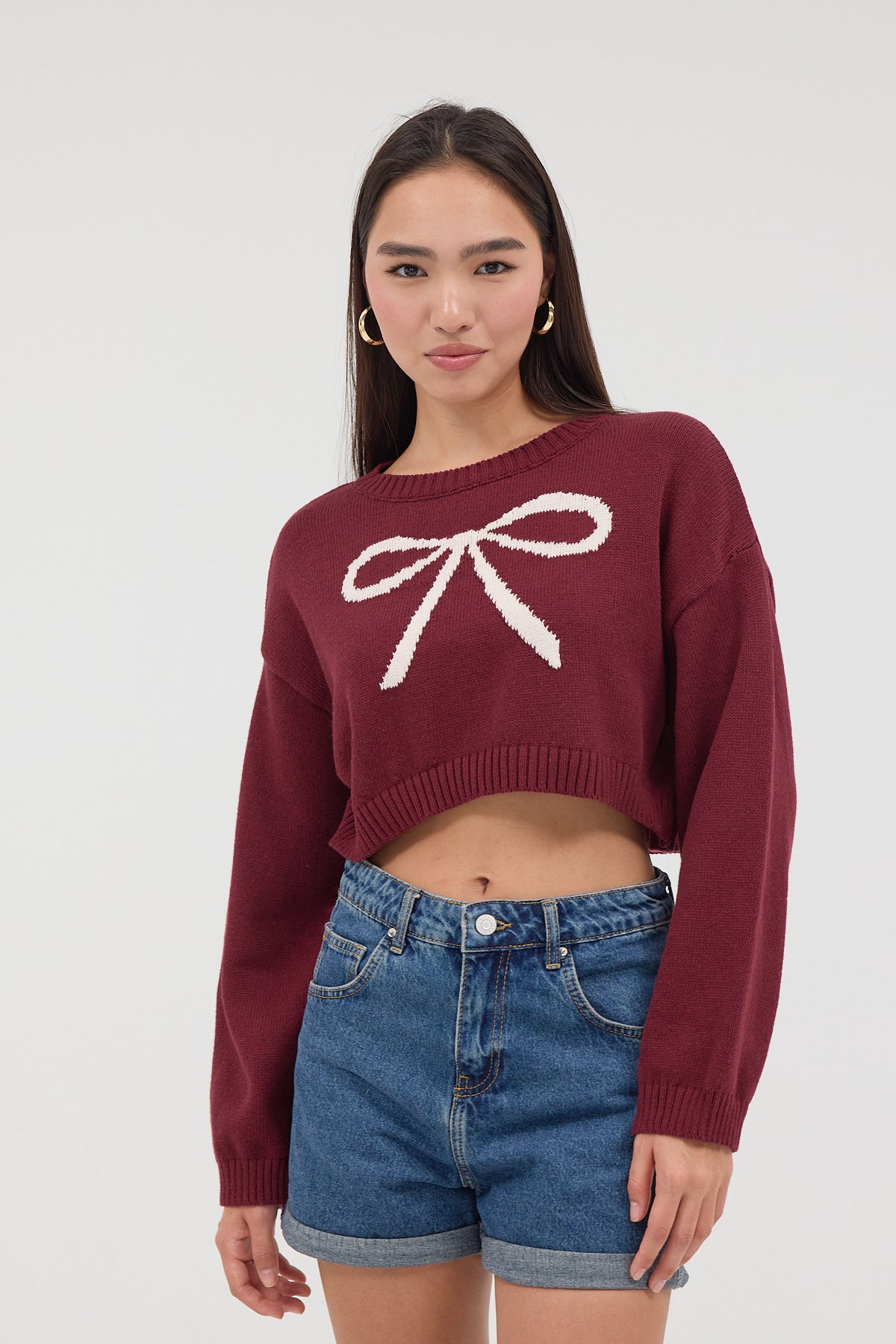 Light-Burgundy_Crew-Neck-Bow-Patterned-Crop-Knitwear-Sweater-addax