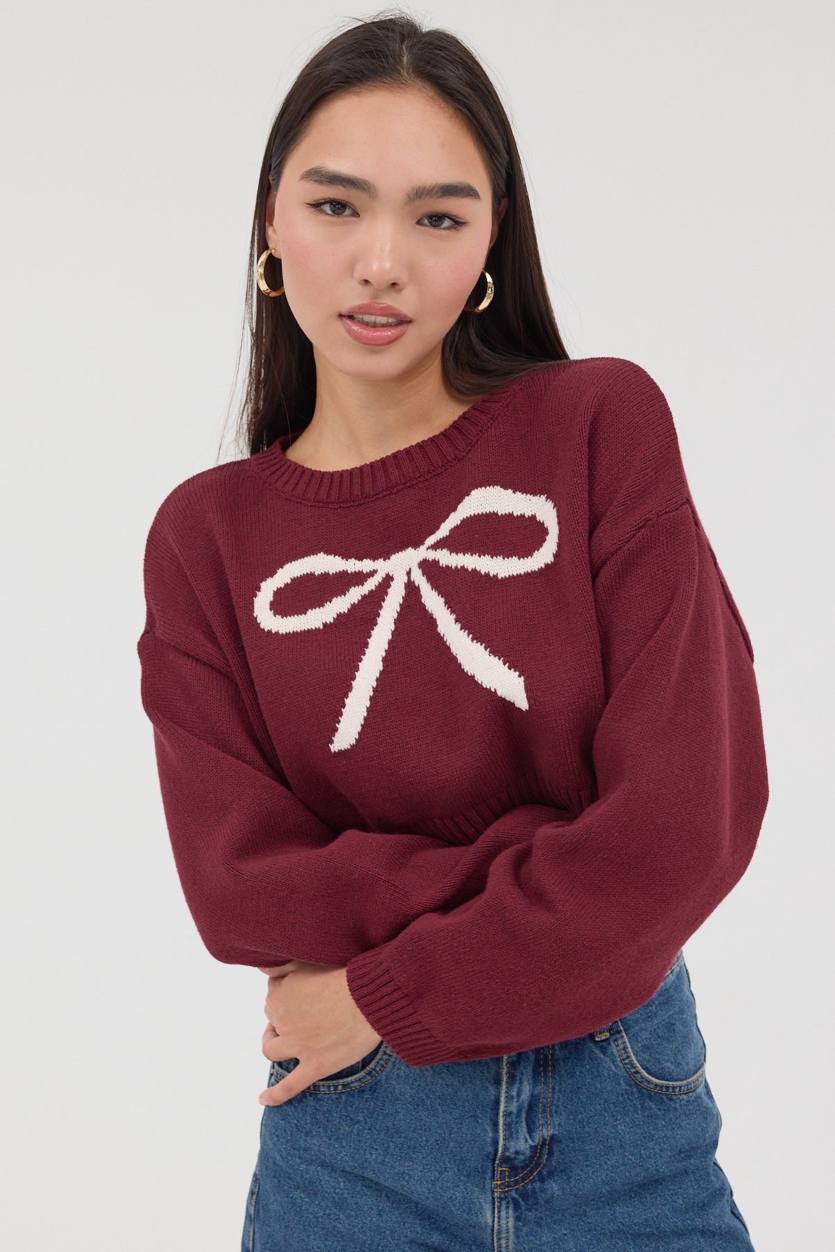 Light-Burgundy_Crew-Neck-Bow-Patterned-Crop-Knitwear-Sweater-addax