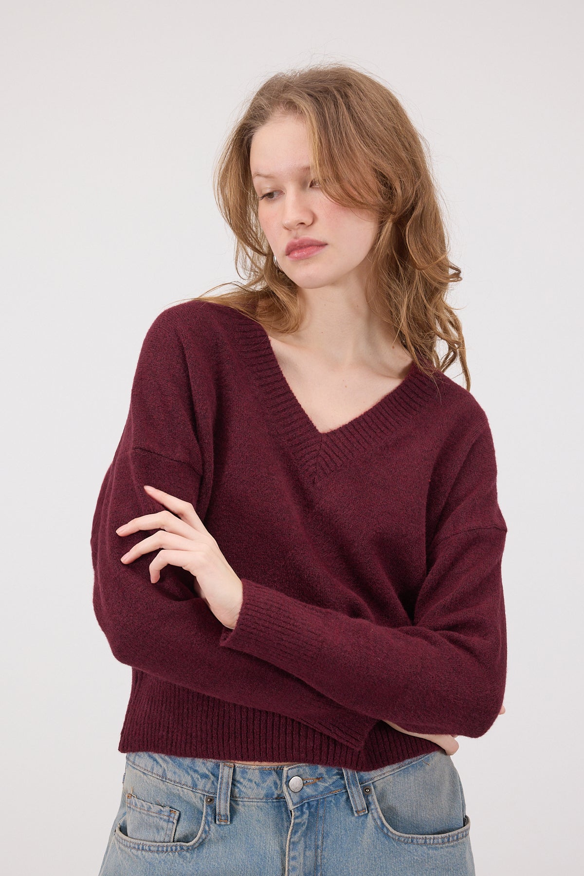 Light-Burgundy_V-Neck-Long-Sleeve-Knitwear-Sweater-addax