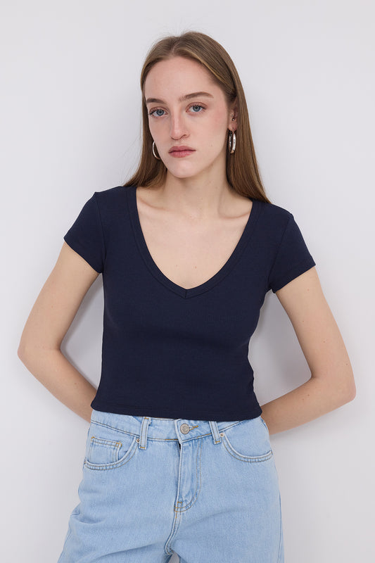 Night-Blue_V-Neck-Crop-T-shirt-addax