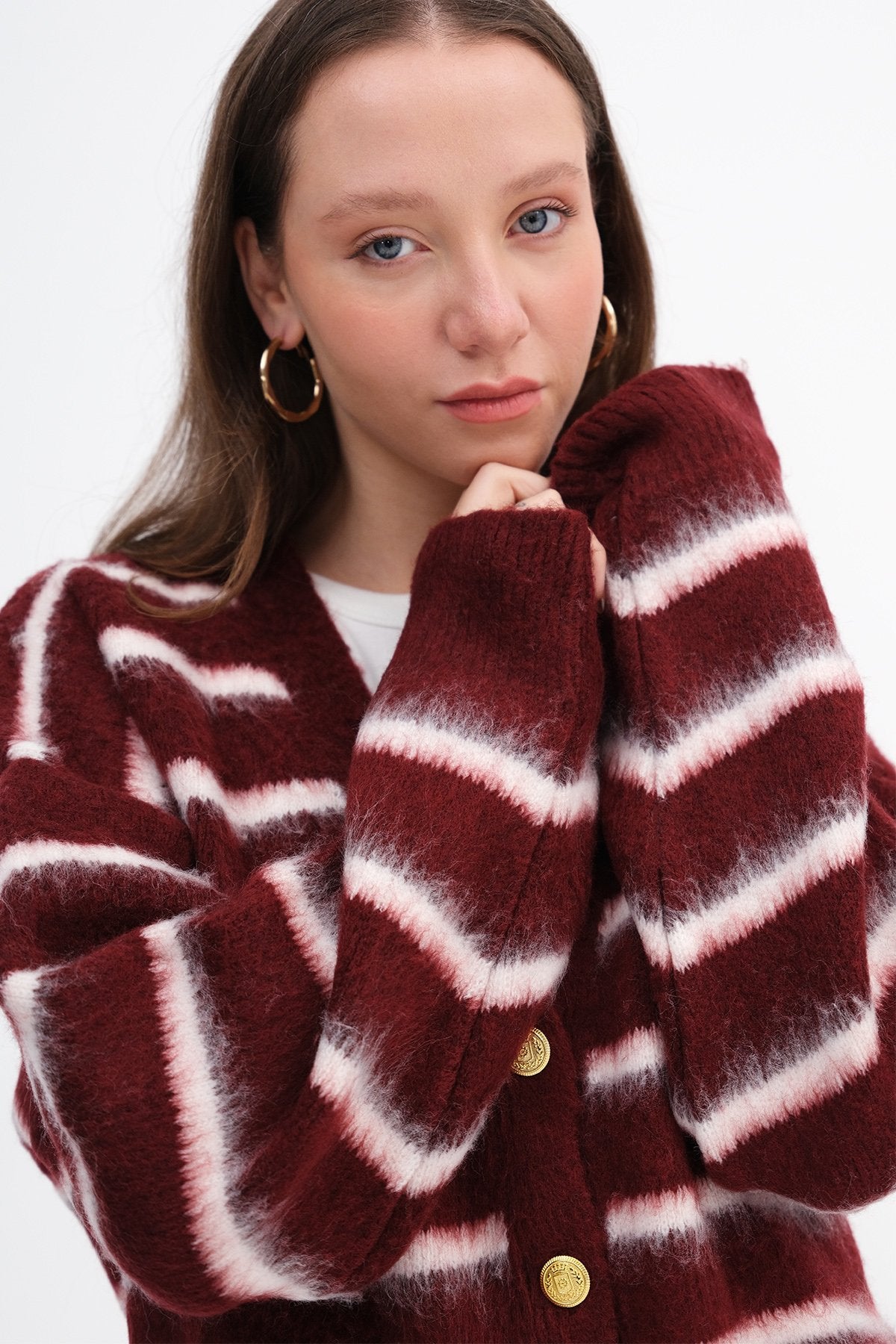 Burgundy---Ecru_Striped-Bearded-Knit-Cardigan-addax