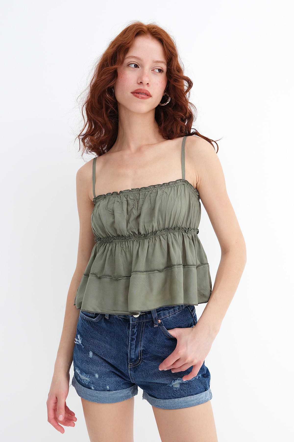 Oil-Green_Blouse-with-Gathered-Detail-addax