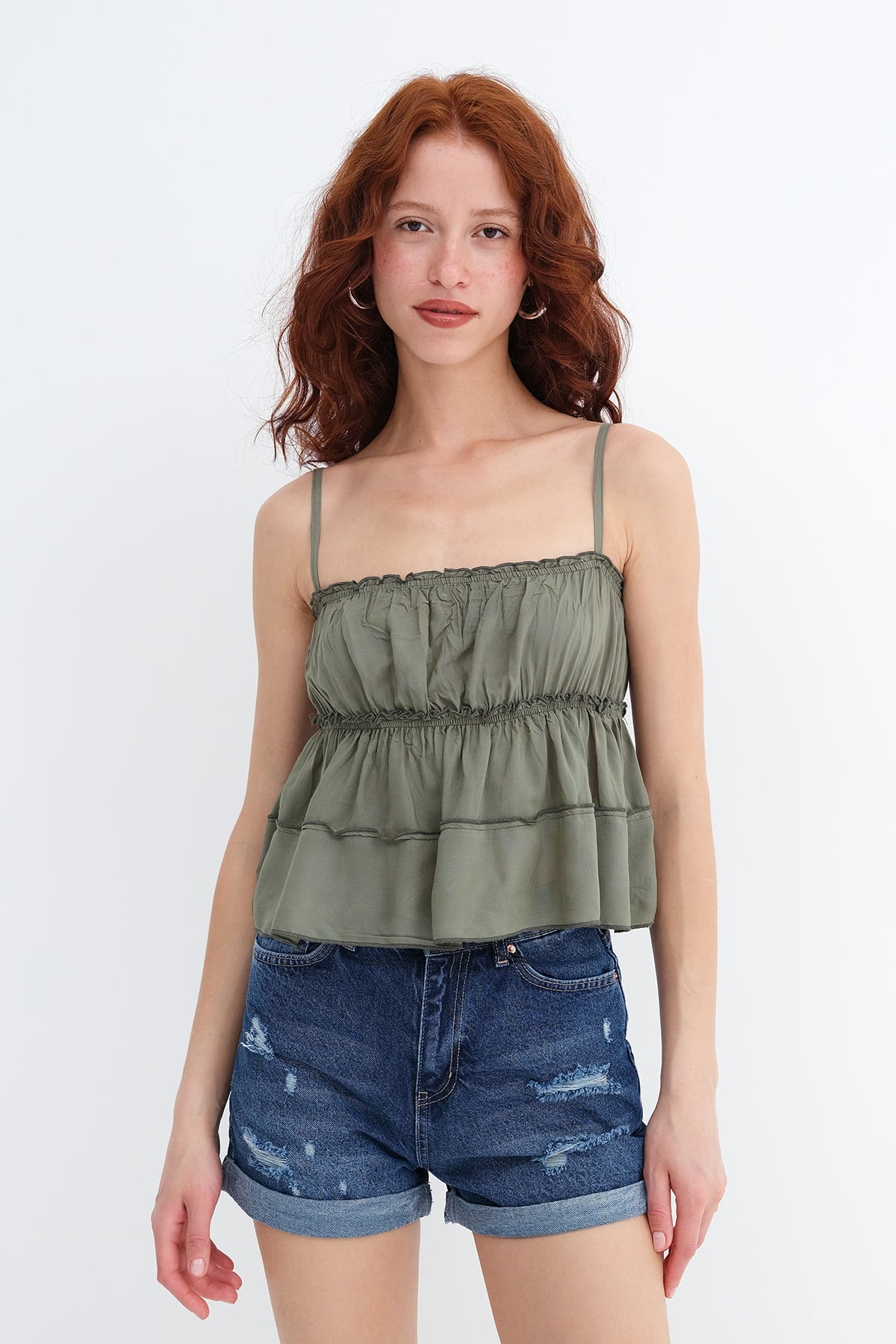 Oil-Green_Blouse-with-Gathered-Detail-addax
