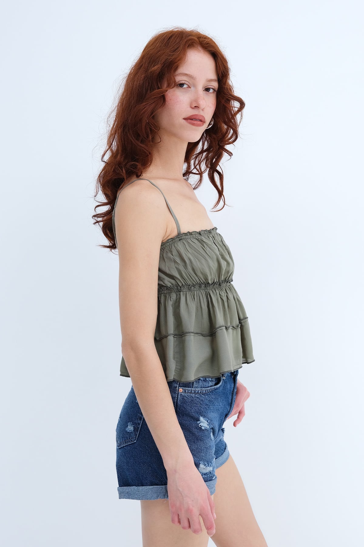 Oil-Green_Blouse-with-Gathered-Detail-addax