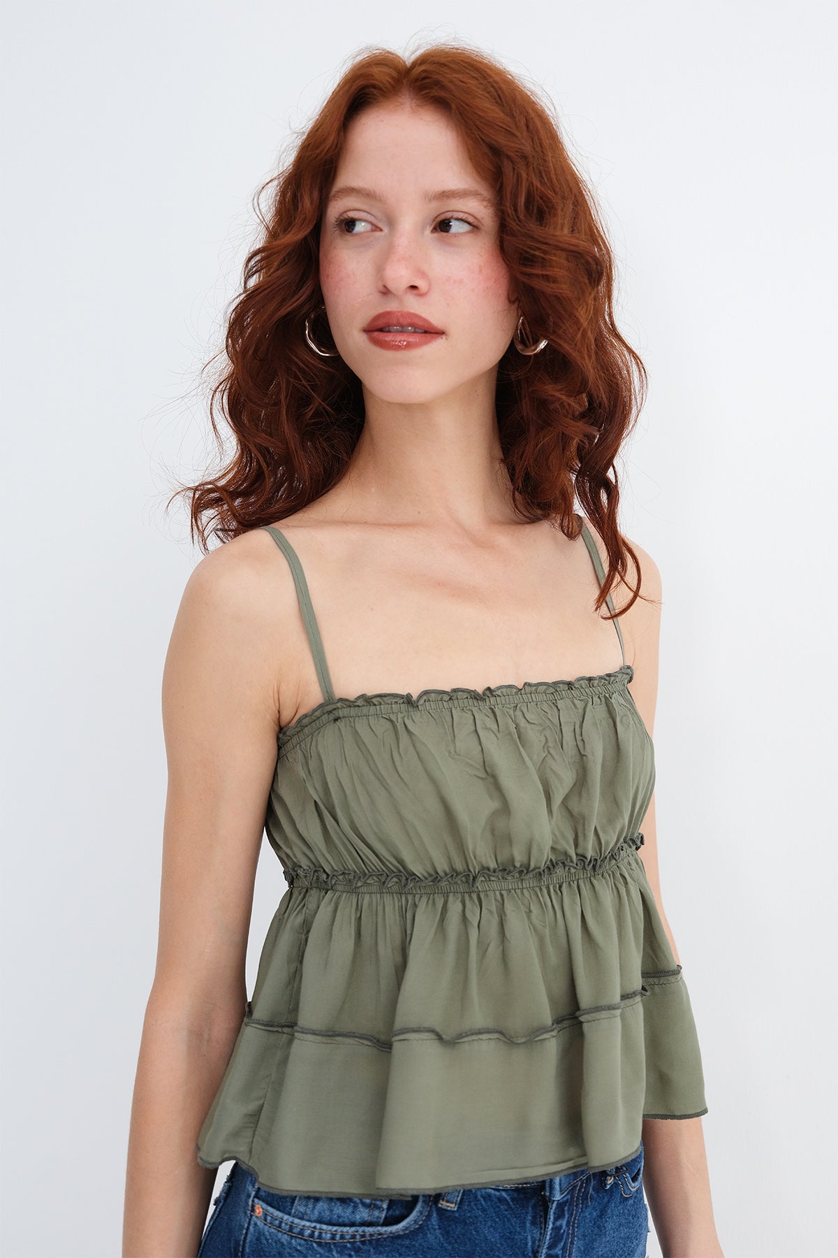 Oil-Green_Blouse-with-Gathered-Detail-addax