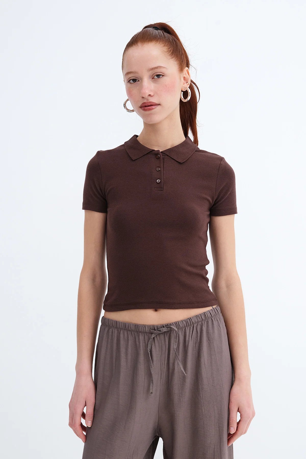 Brown_Polo-Neck-Modal-T-shirt-addax