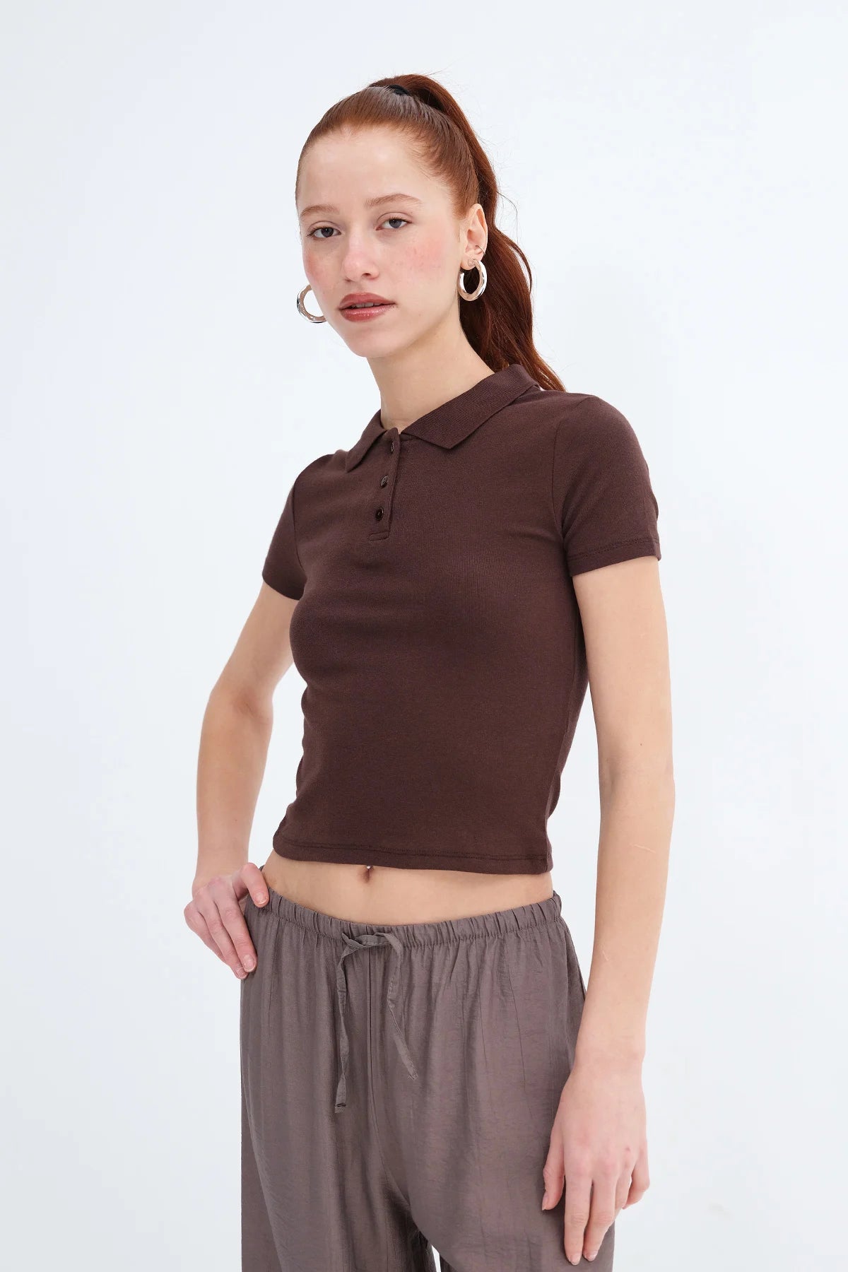 Brown_Polo-Neck-Modal-T-shirt-addax