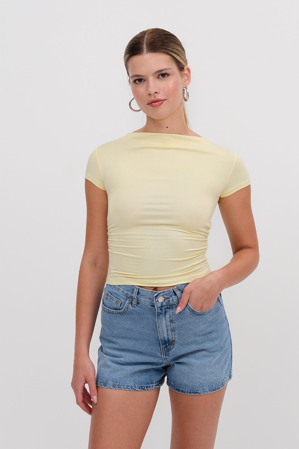 Yellow_Ruched-Side-T-Shirt-addax