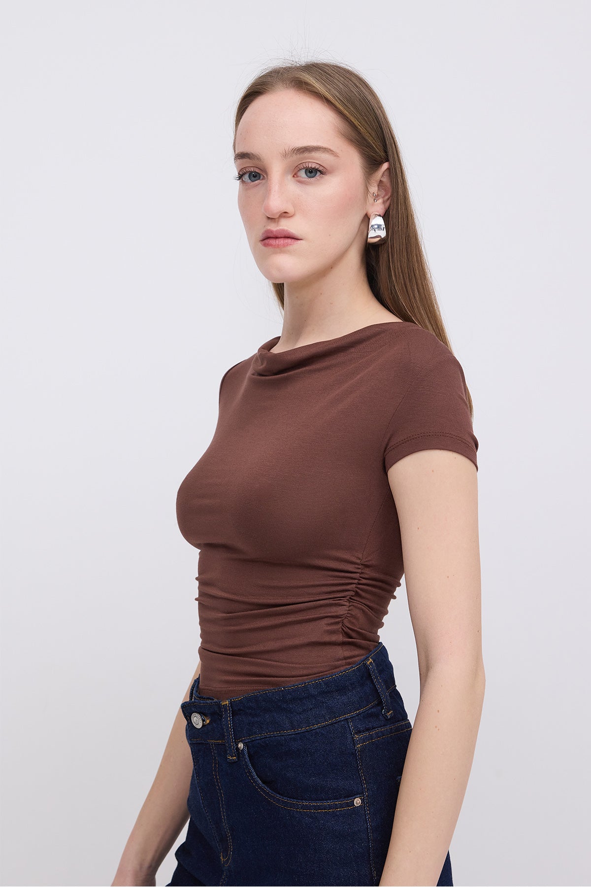 Brown_Ruched-Side-T-Shirt-addax