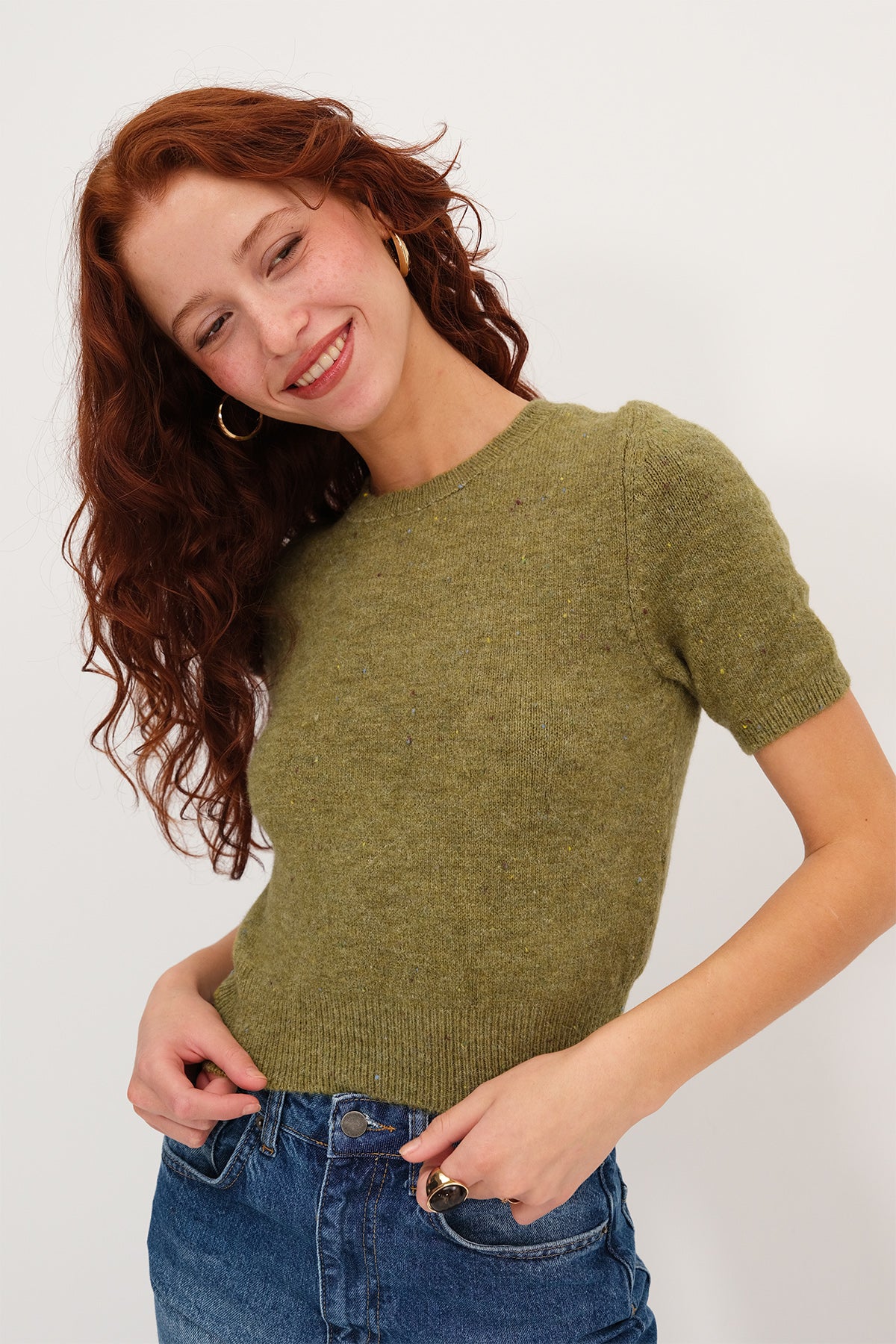 Olive_Short-Sleeve-Textured- Knit-Sweater-addax