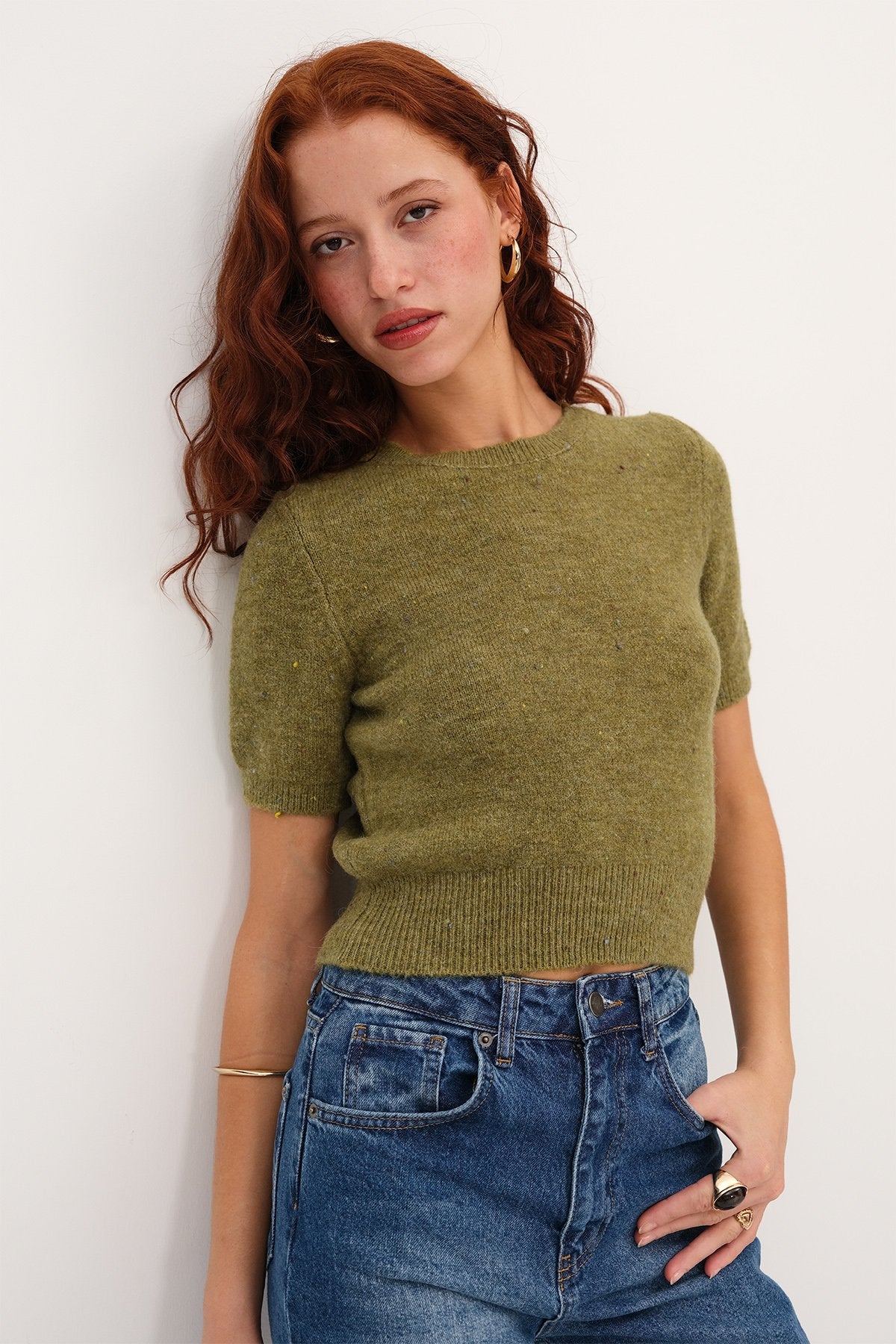 Olive_Short-Sleeve-Textured- Knit-Sweater-addax
