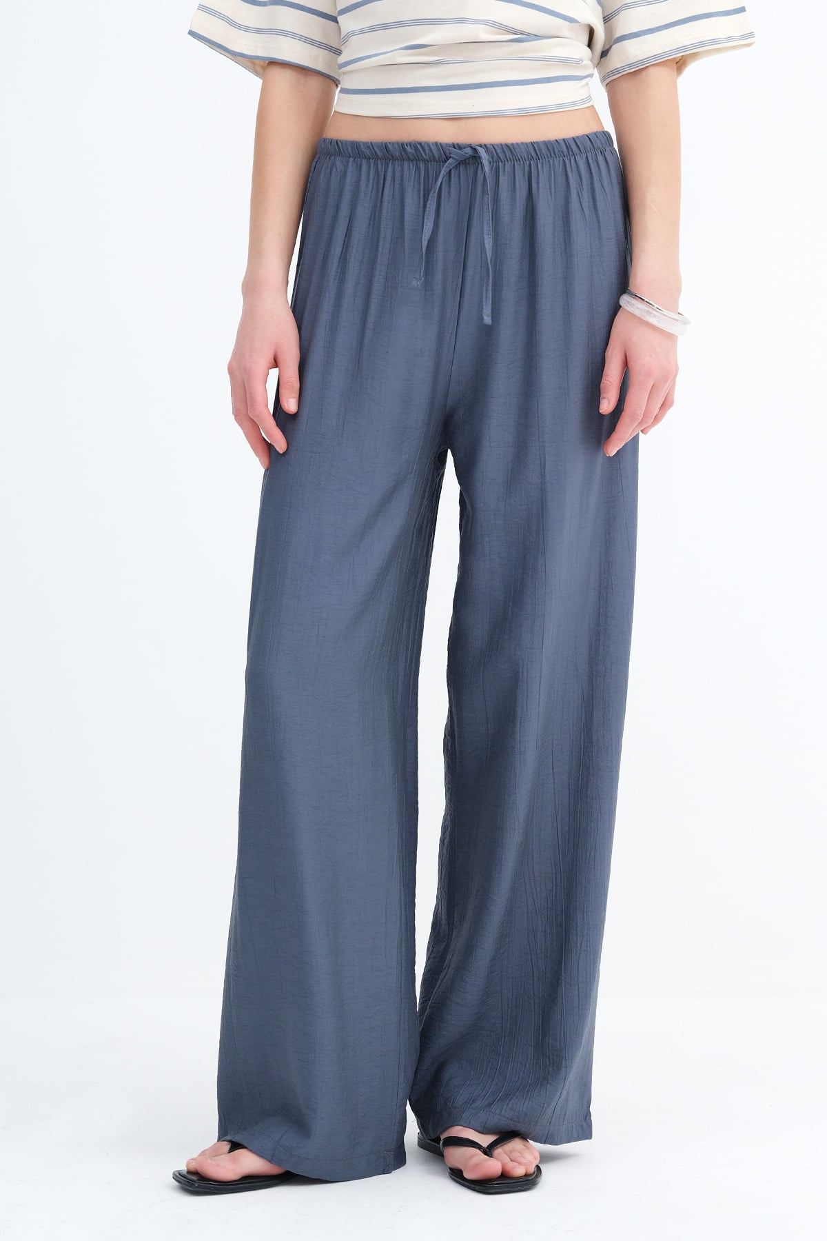 Wide Leg Trousers with Waist Rope Tie