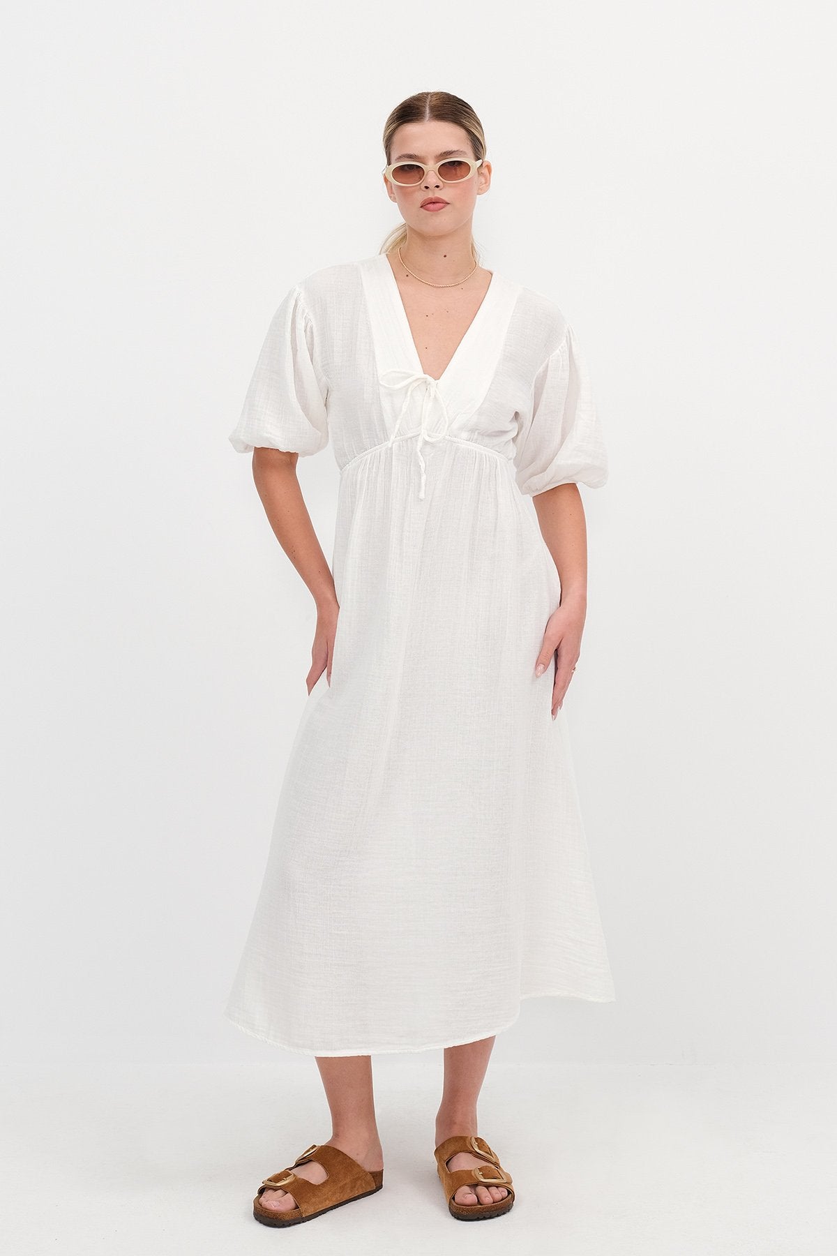 White_Balloon-Sleeve-Midi-Dress-addax