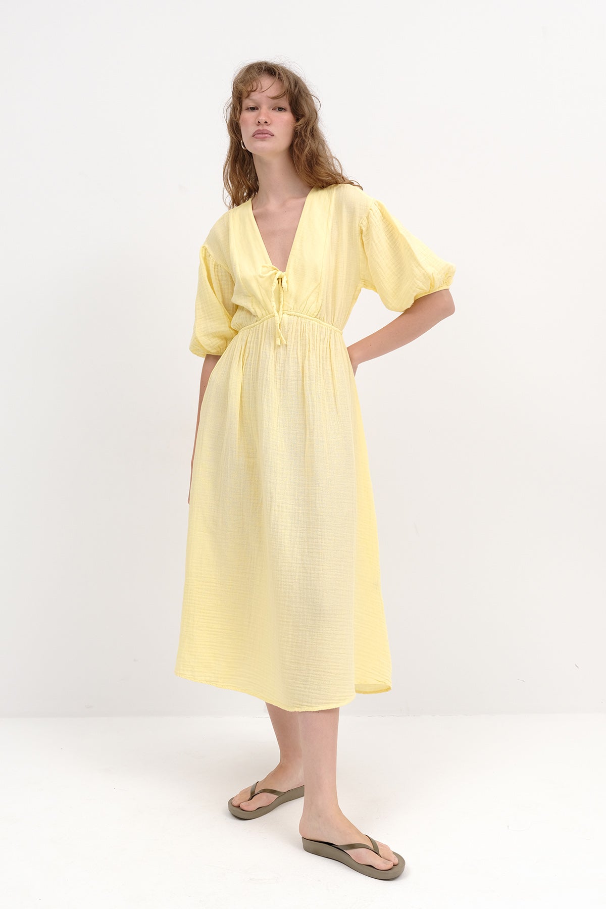 Yellow_Balloon-Sleeve-Midi-Dress-addax