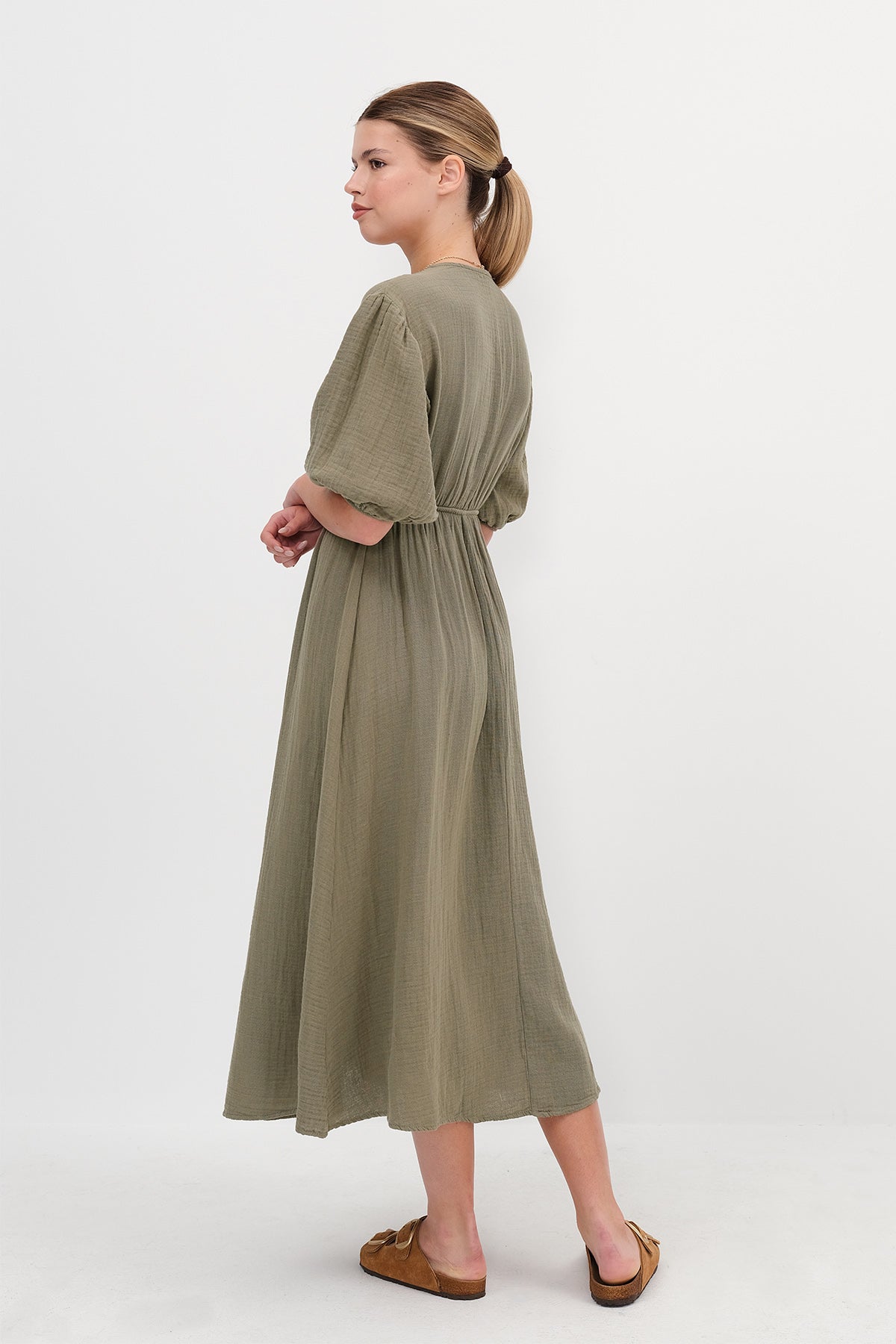 Khaki_Balloon-Sleeve-Midi-Dress-addax
