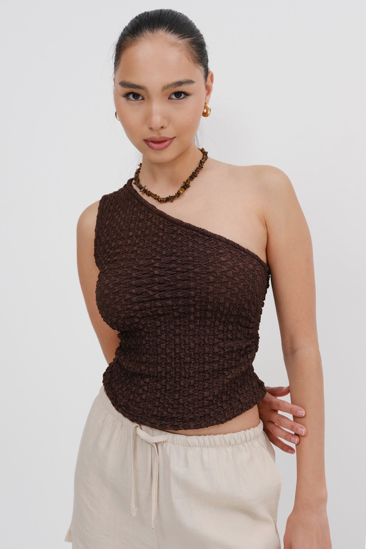 Bitter-Coffee_One-Shoulder-Textured-Blouse-addax