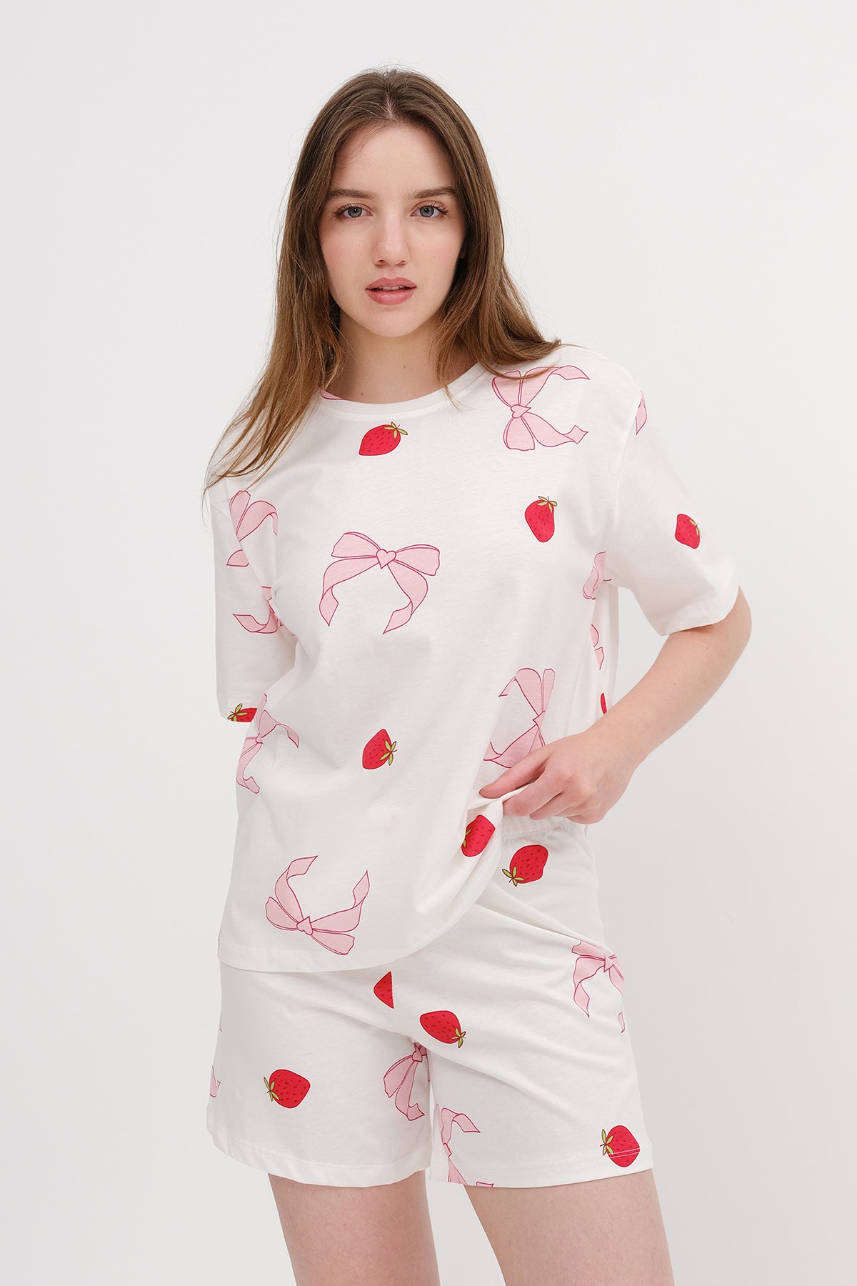 Strawberry and Bow Printed Pajama Set