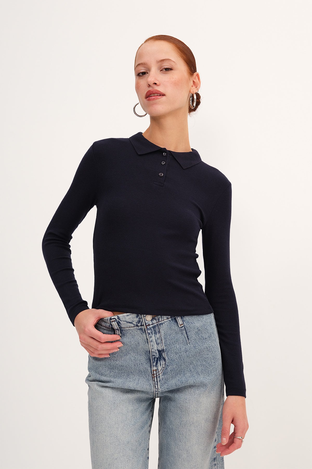 Night Blue_Polo-Neck-Long-Sleeve-Modal-T-shirt-addax