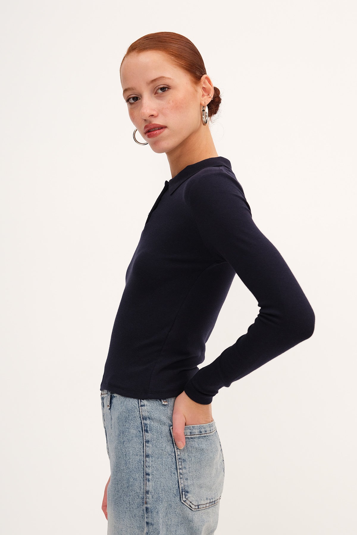 Night Blue_Polo-Neck-Long-Sleeve-Modal-T-shirt-addax