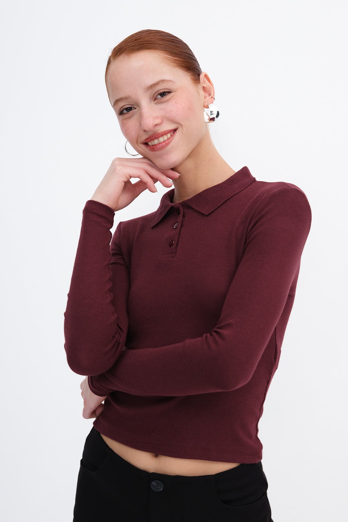 Burgundy_Polo-Neck-Long-Sleeve-Modal-T-shirt-addax