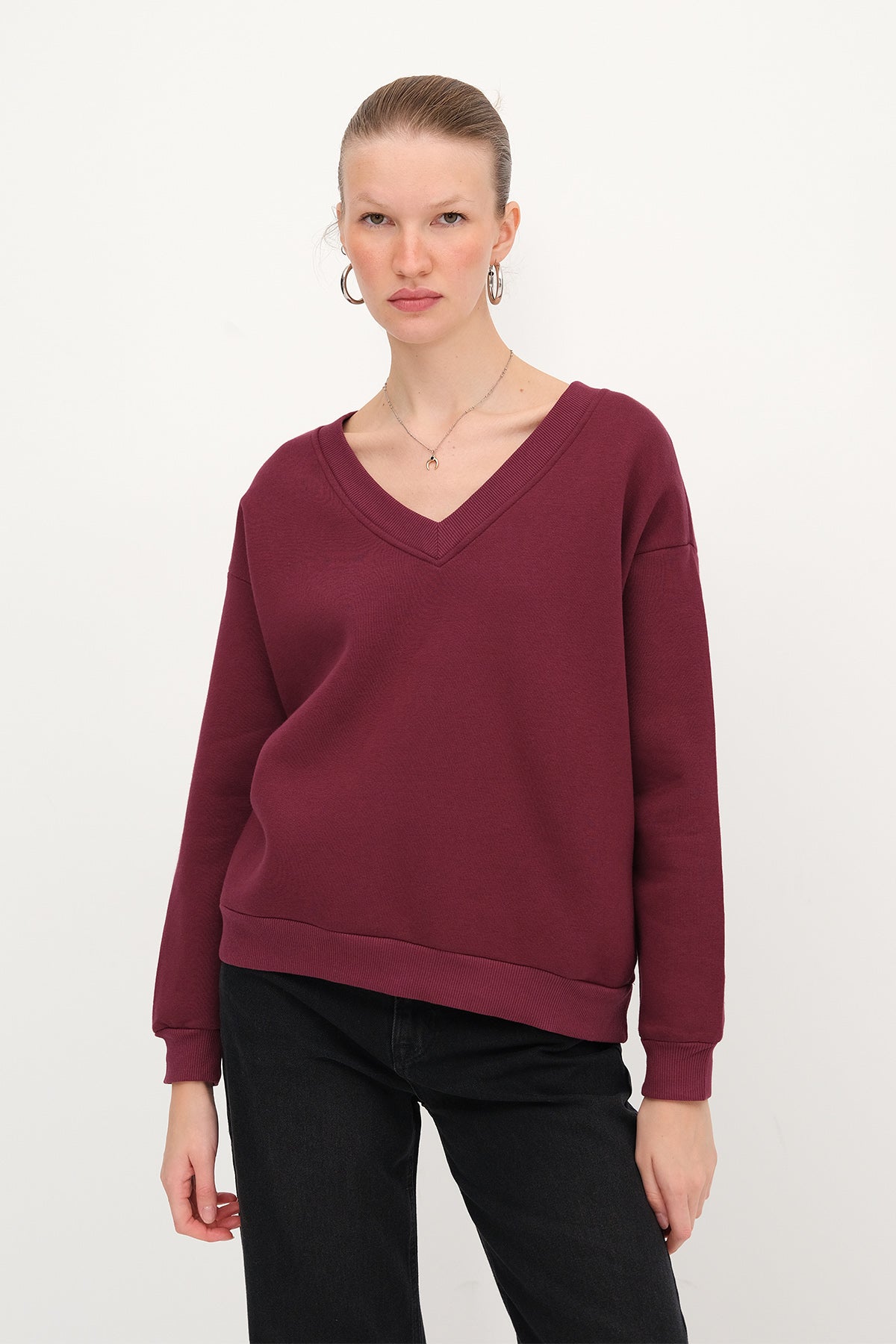 Burgundy_V-Neck-Fleece-Lined-Sweatshirt-addax