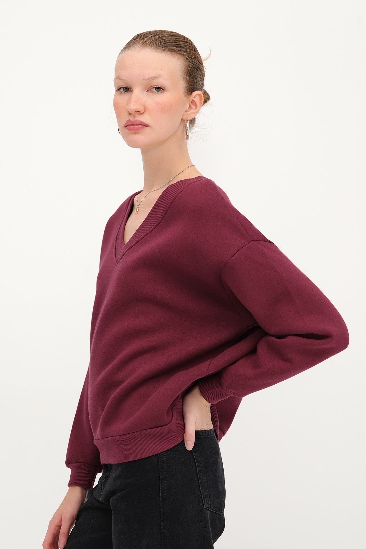 Burgundy_V-Neck-Fleece-Lined-Sweatshirt-addax
